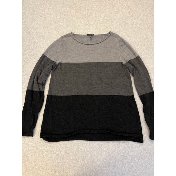 Eileen Fisher Sweater Women M 100% Merino Wool Italian Yarn Stretch Striped Gray - Picture 1 of 16